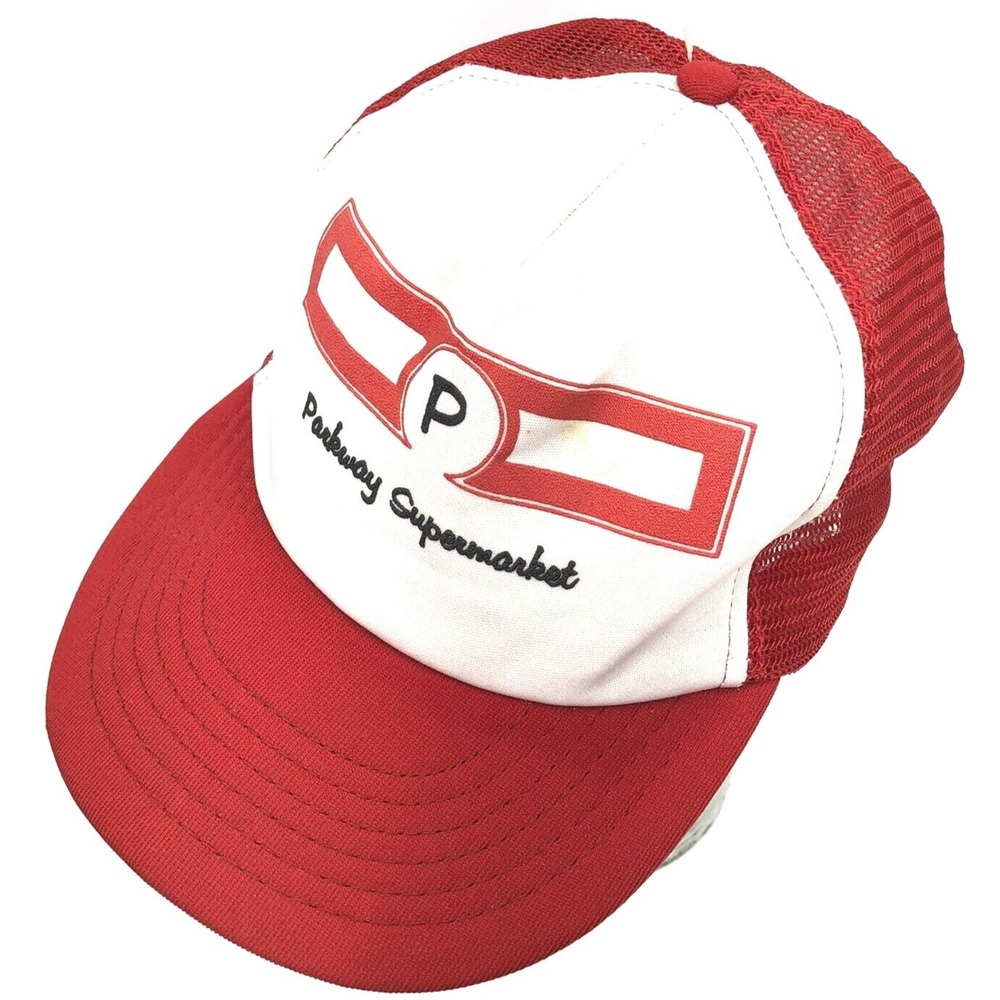 Vintage Trucker Hat Cap Snap Back Red White USA 80s 90s Mesh Supermarket Grocery